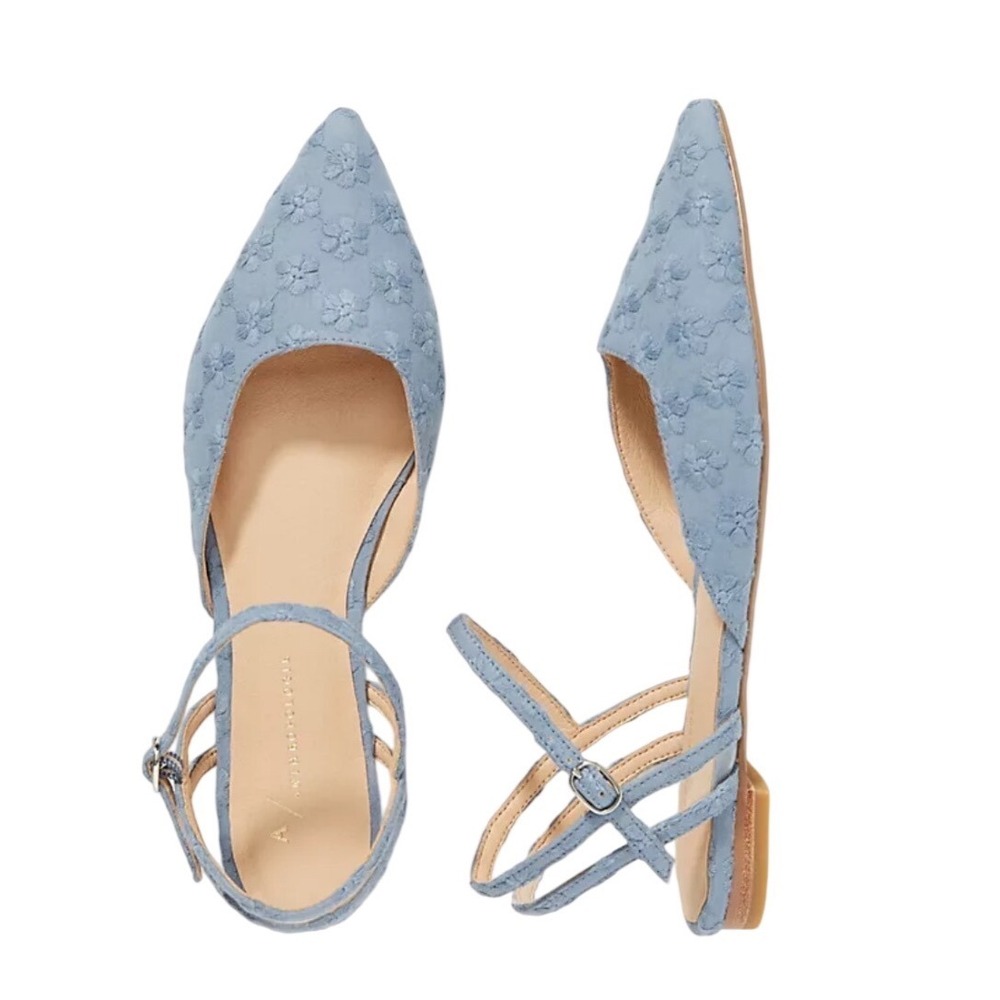Anthropologie Light Blue Pointed Toe Floral Embossed Flats